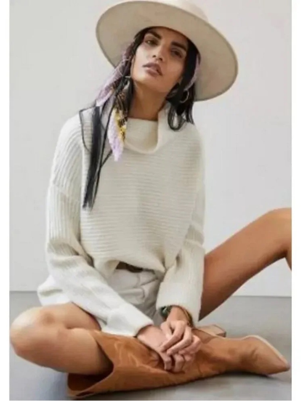 Pilcro Cream Ribbed Cowl Turtleneck Sweater- Anthropologie